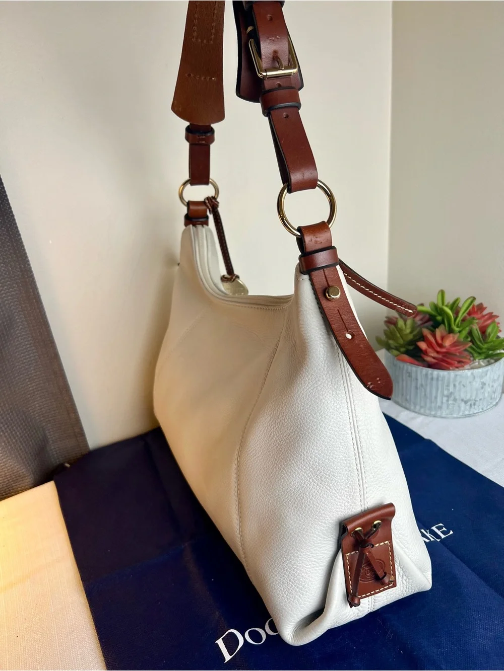 WEEKEND SALE!Dooney & Bourke White Leather Shoulder Bag with Brown Trim